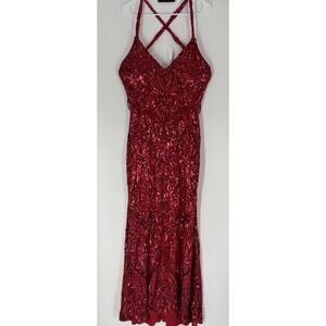 B. Darlin Red Sequin Mermaid Prom Dress Criss Cross Back Juniors 15/16 Sparkly